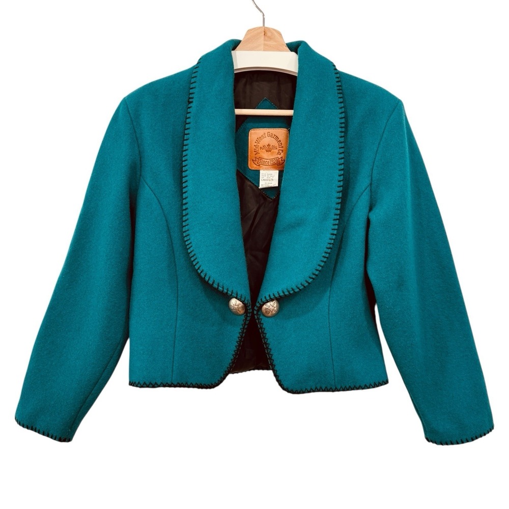 90s Vintage Mid-West Garment Co Turquoise Wool Cropped Jacket Western Cowgirl M‎